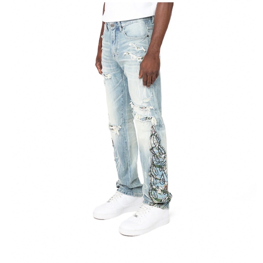 Smoke Rise Mens‎ Light Wash Distressed Tapestry Patchwork Flame Jeans Streetwear